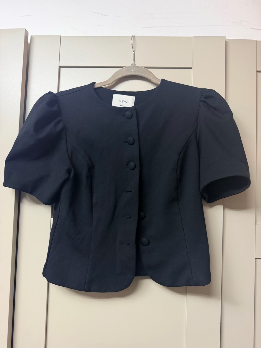 Wilfred Black Puff Sleeve Covered-Button Blouse MEDIUM